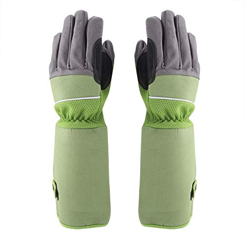 Gartenhandschuhe Rose Garden Schutzhandschuhe Handschuh Rosen Stachelschutz Rosenhandschuh aus Leder mit extra langem Unterarm-Schaft verstärkten Handflächen und Fingerspitzen für Gartenarbeit(Grün)