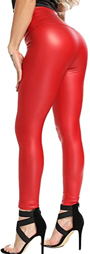 FITTOO Women High Waisted Faux PU Leather Leggings Stretchy Slim Fit Trousers, Bright Red, L