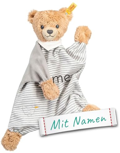 LALALO Steiff Schlaf Gut Bär Schmusetuch Bestickt mit Namen für Baby & Kinder personalisiert, Kuscheltuch, 30 cm, Mädchen/Junge (Grau)