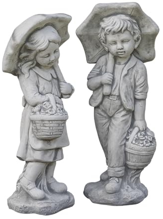 gartendekoparadies.de Junge und Mädchen Gartenfigur Statue aus Steinguss, Grau, Frostsicher für Außenbereich, H. 68 cm, je 30 kg