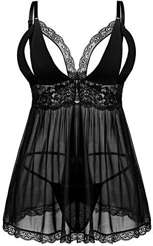 Donnalla Plus Size Babydoll Lingerie Set for Women Sexy Mesh Lace Nightwear Adjustable Straps V Neck Chemise with Panty