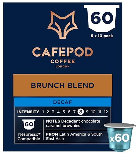 CafePod Brunch Blend Decaf Nespresso Compatible Coffee Pods 60 Capsules | Decaffeinated lungo coffee capsules, intensity 9 with chocolate, caramel and brownie notes – Rainforest Alliance