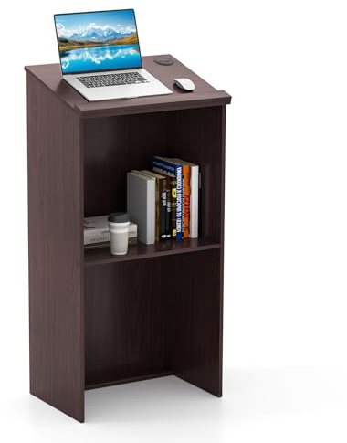 COSTWAY Floor Lectern Podium, Wooden Standing Desk Host Stage with Storage Shelf & Cable Holes, Speaking Reading Table for Classroom, Conference and Auditorium (Brown)