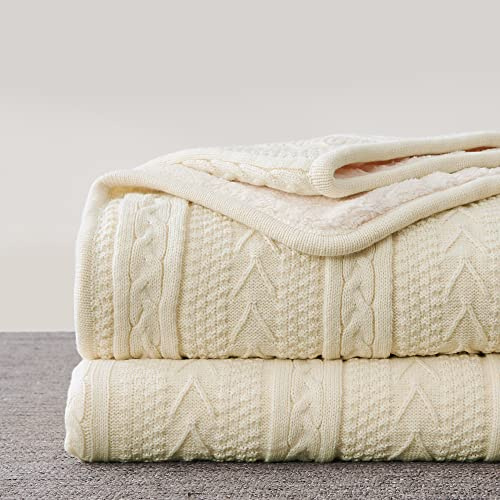 Longhui bedding Manta Sherpa de Punto Trenzado acrílico de 50 x 63 Pulgadas, Gruesa, Suave, Grande, acogedora Manta de Forro Polar Beige para sofá, Cama, Colcha Grande para Todas Las Estaciones