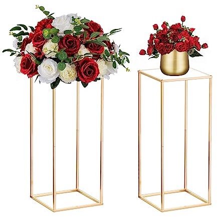 Nuptio 2 Piezas Centros Mesa Boda Jarrones Oro 60cm Alto Soporte Flores Columna Jarrón Piso Metal Soportes Geométricos Centro Mesa Estante Exhibición Rectangular para Decoración Bodas y Fiestas
