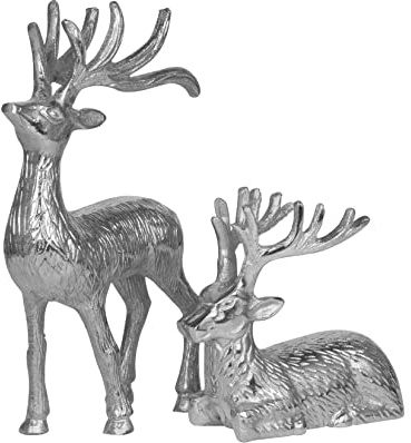 MichaelNoll Hjort set om 2 – stående och liggande – ren aluminium metall silver – figur staty dekorativ figur – dekoration för vardagsrum, kök, sovrum – jul vinter – hjorthorn dekoration