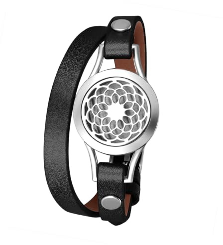 Flongo Aromatherapie Lederarmband Damen-Armband, Leder Armband Armreif Aroma Locket Diffuser Duftstofflocket mit Farbigen Filz-Pads ätherisches Öl Diffusor für Frauen