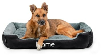 lionto Lit pour Chien avec Coussin réversible et Base antidérapante, Coussin Douillet pour Animaux avec entrée Basse pour Chiens et Chats de Tout âge, 90x70 cm, Noir/Gris (avec nom imprimé)