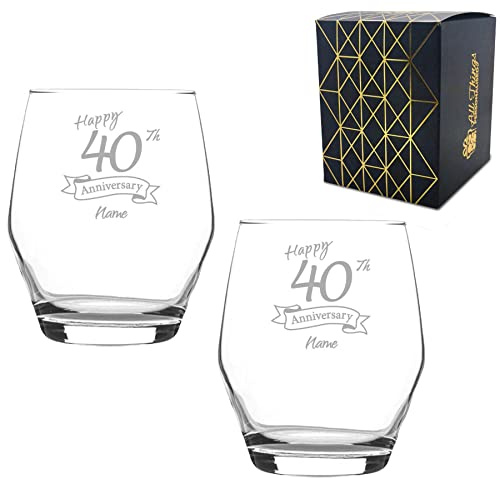 Juego de 2 vasos de 40 aniversario grabados personalizables, para whisky, 12 onzas, grabado en el Reino Unido, personalizables con cualquier nombre, regalo personalizado