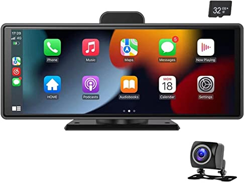 10 sans fil Apple Carplayer et Android Auto Moniteur de stationnement de voiture à écran tactile Autoradio DVR avec Bluetooth, carte TF 32 G/transmetteur FM/caméra de recul pour toutes les voitures