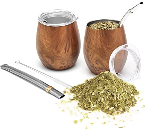 balibetov Mate Becher Set (2 Yerba Mate teebecher set, 5 pcs) - enthält Zwei Doppelwandiger 18/8 Edelstahl Mate Tee Becher, Zwei Bombillas(Mate Strohhalm) und Eine Reinigungsbürste (Holz)