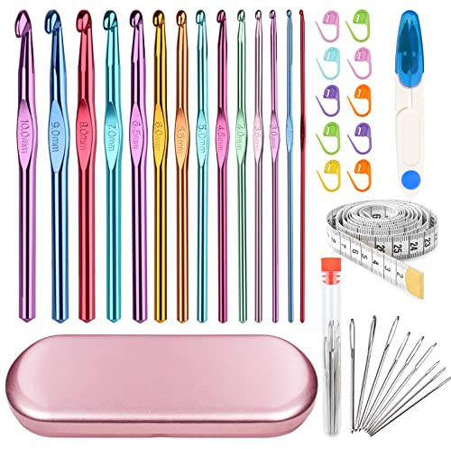 Aeelike Aluminium Häkelnadel Set, Ergonomische Bunt Häkelnadeln Set | 14 Stück, mit Häkel Werkzeuge Zubehör und Rosa Metall Aufbewahrungsbox, Praktische Crochet Hook für Anfänger, Profis