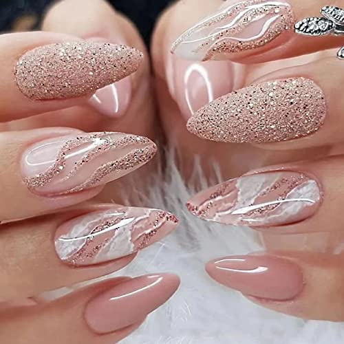 AKOFIC 24 Stück Press on Nails Mandel, Mittlere Länge French Künstliche Nägel, Nägel Zum Aufkleben mit Nagelkleber, Nude Acryl Fake Nails für Frauen und Mädchen