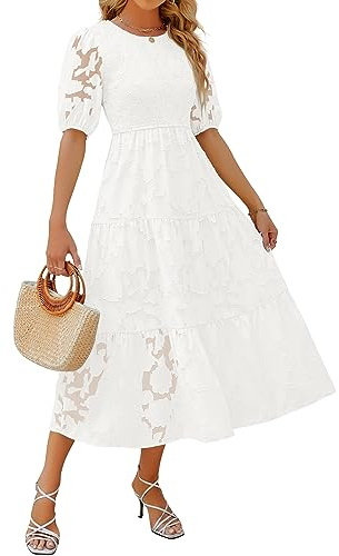 ZESICA Women's 2025 Summer Short Puff Sleeve Crewneck Smocked Floral Lace Flowy A Line Tiered Maxi Dresses,White,Large