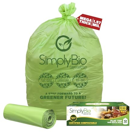 Simply Bio 50-55 Gallon Compostable Trash Bags Liners Flat-Top, Heavy Duty Extra Thick 1.57 Mil, 208.2 Liter, 12 Bags, Lawn, Yard, and Restaurant Use, ASTM D6400, US BPI, OK Compost Home Certified