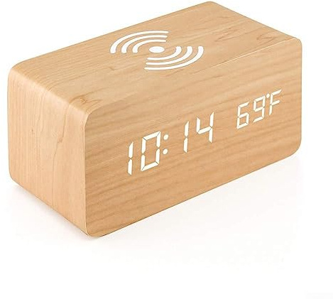 RANRAO LED Digitaluhr mit Kabellosem Laden, Digitaler Wecker aus Holz, Drahtloser LED-Alarm, Radiowecker Kabelloses Laden, Digitale Holzuhr, Temperatur Anzeige, Nachttisch LED-Uhr für das Zuhause Büro