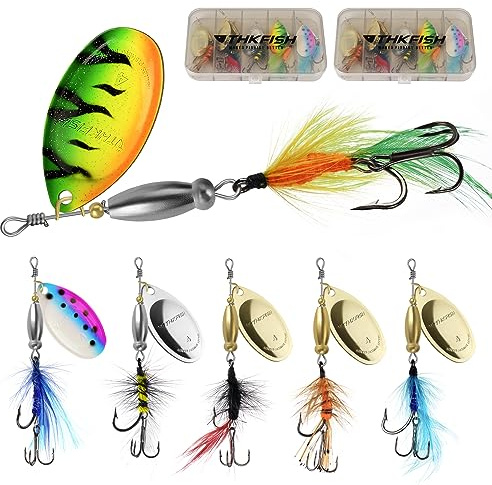 THKFISH Spinner Blinker Angeln Set, 6/12 Stück Angelköder mit Drillinge Haken, Pailletten Kunstköder Forellenköder für Forelle, Barsch, Lachs, Hecht, Walleye A-12PCS
