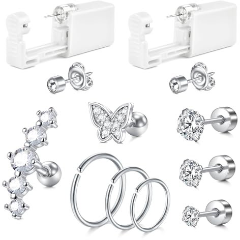 AVYRING 2 Stück Ohrloch Stecher Set und Zubehör Surgical Steel Knorpel Piercing Pistole für Damen, Schmerzarmes Ohrlochstechen Set mit CZ Steckern und Creolen, Gold