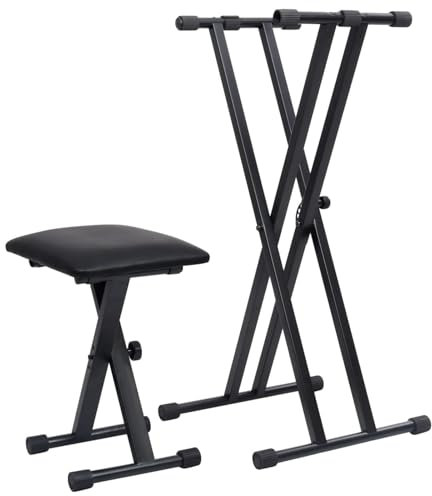 Homgoday Set Tastaturständer mit doppelter Halterung mit schwarzem Hocker, Möbel für Haus Innen Außen Wohnzimmer Schlafzimmer