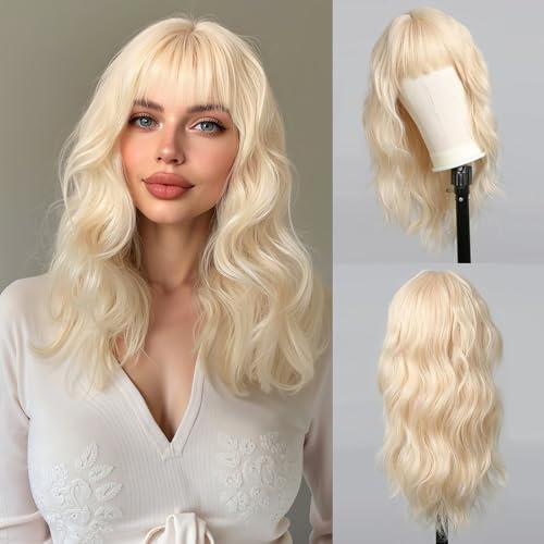 Esmee Lange Gewellt Synthet. Blassblond Perücke mit Pony für Damen- 18IN