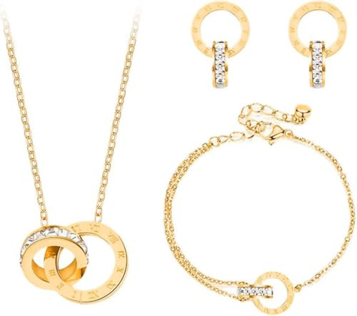 KBRPEY Jewellery Set for Women Necklace Bracelet and Earrings Set Double Circle Pendant Cubic Zirconia Round Interlocking Pendant Jewellery gifts for Her Wife Rose Gold(Gold)