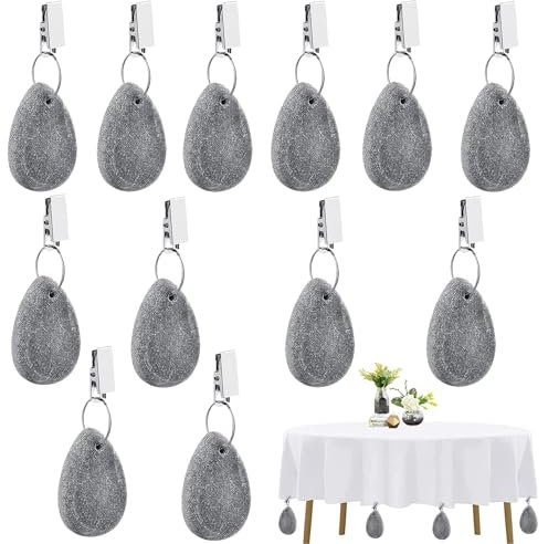 12 Stück Tischdeckenbeschwerer aus Naturstein,Tischdeckenbeschwerer Set mit Clip,Tischdeckenbeschwerer für Draußen,Grau Stein Tischdecke Gewichte für Tischdecken Klammern für Picknicks Hochzeiten
