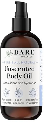 BARE BOTANICS 8 oz Moisturizing Unscented Body Oil - 100% Pure & Natural for Skin & Nails - Perfect for Moisturization - Vegan, Cruelty Free & Naturally Scented Hair Oil