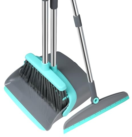 Michao Upgrade Broom and Dustpan Set, Silicone Broom,Long Handle Broom with Upright Standing Dustpan, Squeegee - Broom for Indoor Cleaning 2+1,for Indoor Outdoor,Smooth Floors, Rugs (Green-Grey)
