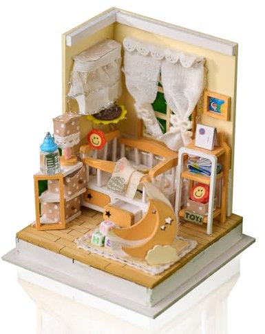 Cuteefun DIY Miniatur Haus Puppenhaus, Mini Puppenhaus mit LED, Holzhandwerk für Erwachsene Teenager zum Bauen, Geburtstag (Baby's Zimmer)