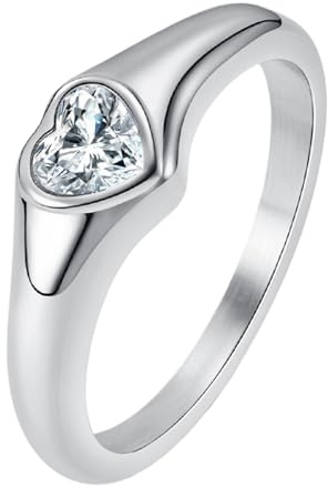 JewelryWe Herz Ring Damen Verlobungsring Edelstahl Damen-Ring mit Herzförmig Zirkonia Frauen Eheringe Trauringe Herz Minimalistisch Ring für Versprechen Engagement Hochzeit Silber