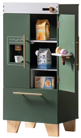 ROBOTIME Wooden Toy Fridge - Kids Play Kitchen Set with Ice Dispenser & Accessories, Pretend Refrigerator for Boys & Girls Aged 3+, Play Fridge Toddler Kitchen Appliance, Vintage Green