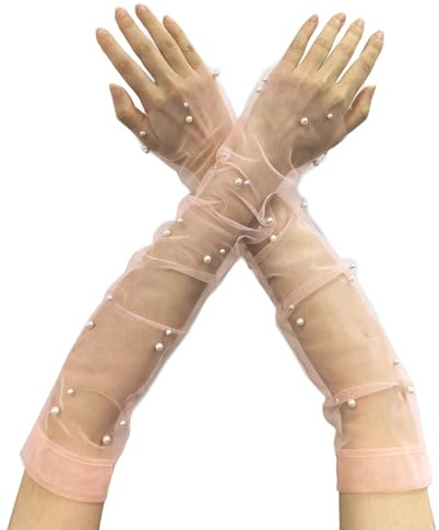 AWOCAN Durchsichtige lange Damen-Handschuhe, Perlen-Netz-Tüll, durchsichtige Handschuhe, fingerlose Handschuhe, Hochzeit, Brauthandschuhe, lange Opern-Party-Handschuhe, rose, L