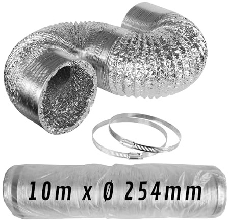 CONTROL GARDEN Tubo Flexible Aluminio Color Plateado Ø 254 mm Longitud 10 m | Conducto Aire Ventilación + 2 Abrazadera Acero | Manguera Flexible Extractor de Aire