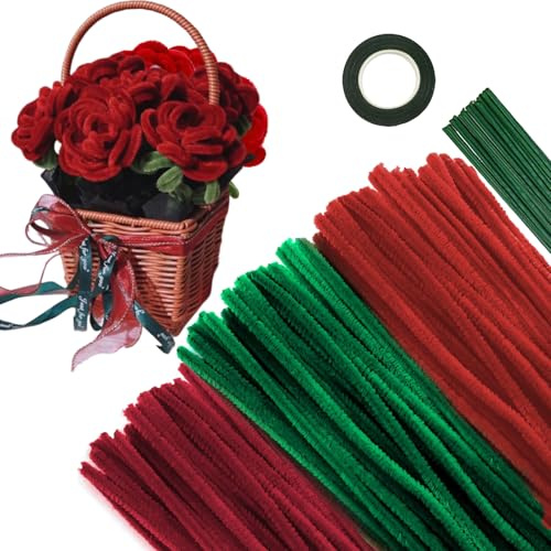 APKOL 300 Stück Pfeifenputzer zum Basteln,(Zwei | Rot,Blattgrün)Pfeifenreiniger zum Basteln, 30cm Chenilledraht, 30 Grün Basteldraht, Klebeband für Kreative