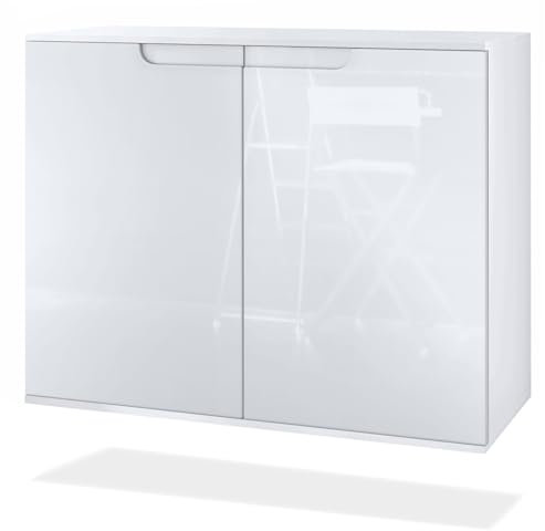 Vladon Kommode Sylt V3, Moderner Küchenschrank mit 2 großen Türen Weiß matt/Weiß Hochglanz (92,5 x 73.5 x 35)