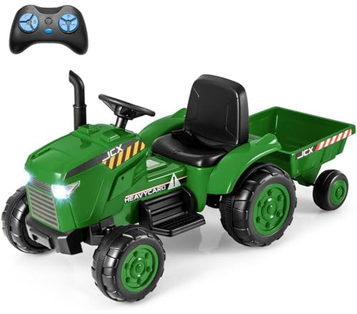 GYMAX Kids Ride On Tractor and Trailer, 12V Battery Powered Car with Remote Control, Wireless Connection, MP3, USB, Music&Spring Suspensions, Children Electric Car for 3-8 Years Old (Dark Green)