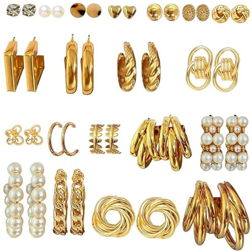 Musedimall Multipack Goldenes Statement Ohrring Set Enthalten Perlen Ohrringe, Piercing Kleine Ohrstecker, Creolen, Acryl Hypoallergen Ohrringe für Geschenk oder Tägliche Kleidung Passend