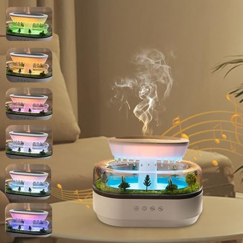 Raindrop Humidifier & Aroma Diffuser with Soothing Rain Sounds and Micro Landscape, Water Drip Effect, 7 Colorful Mood Lights, White Noise Humidifier Ideal for Relaxation, Sleep, Bedroom, Desk