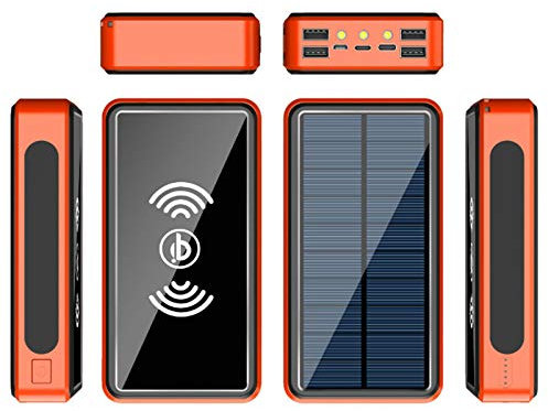 Batterie Externe Solaire, Chargeur Solaire Portable 100 000 mAh avec Batterie Externe sans Fil 10 W, 4 entrées et 5 Sorties, Chargeur Solaire pour iPhone, Samsung, Android, etc., Orange