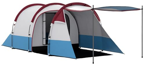 Outsunny Tente de Camping Tente Tunnel 2-3 Personnes avec Chambre à Coucher, Salon et Porche légère ventilée 3 Portes Sac de Transport Inclus 420 x 200 x 150 cm Blanc grisâtre et Rouge