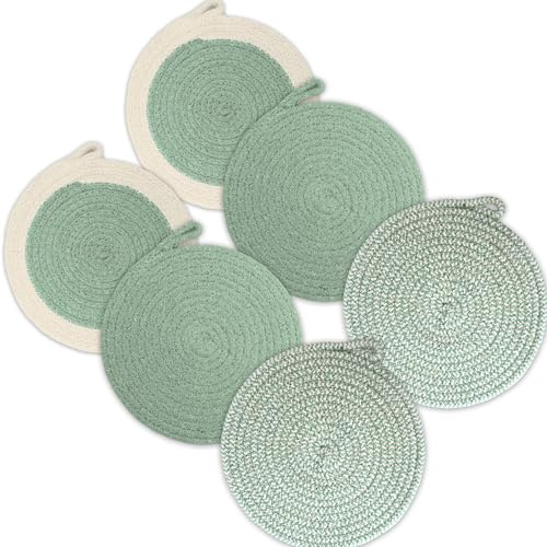 Encasa XO Topfuntersetzer, Hitzebeständige Matte18 cm | Salbei-Kombination, Handgefertigte Baumwolle | Integrierte Aufhängeschlaufe | Hitzeschutz Tisch
