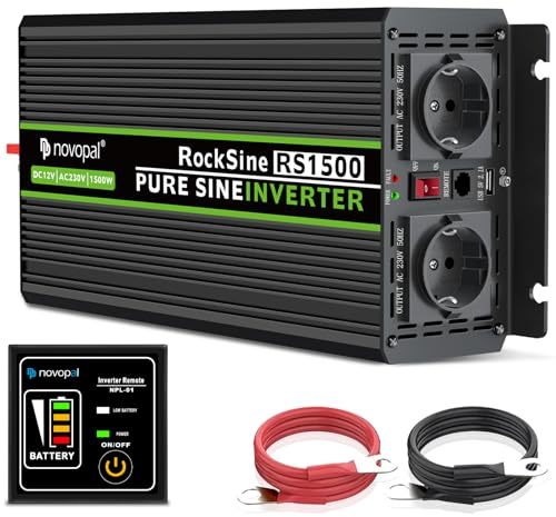 NOVOPAL 1500W 3000W Convertisseur Pur Sinus 12V 220V 230V Onduleur Transformateur,2 Prises EU AC,1USB,5M Télécommande,Convient pour Camion, Camping, Voyage,Voitures