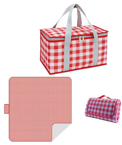 Paniers de pique-nique isolés, de grande capacité, 35 x 20 x 20 cm, avec couverture de pique-nique, portable, étanche, pour activités de plein air chaudes ou froides, rouge