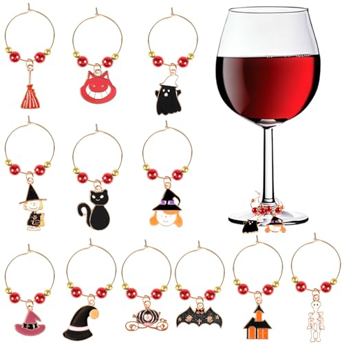 SRIZIAN 12 Pcs Wine Glass Charms, Halloween Wine Glass Charms Markers Tag Identification, Ghost Pumpkin Charm for Gathering Holiday Gifts Party Favor Drinks Decor