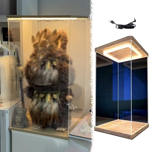 Acryl Vitrine Vitrine für Figuren, Puppen und Trophäen, Leichter, Hoher Acryl-Vitrine für Sammlerstücke, Staubdichter Aufbewahrungsschrank mit LED-Beleuchtung, PVC-Vitrine mit Würfel(20x20x60cm/8x8x24