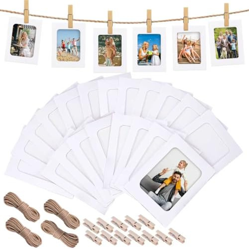 Tismels 40 Pièces Guirlande Photo, 15,5 x 11,5 cm DIY Cadres Photo en Papier avec 40 Clips en Bois et 4 Cordes en Jute, Cadre Photo Carton pour Décoration Murale, Fête, Anniversaire - Blanc