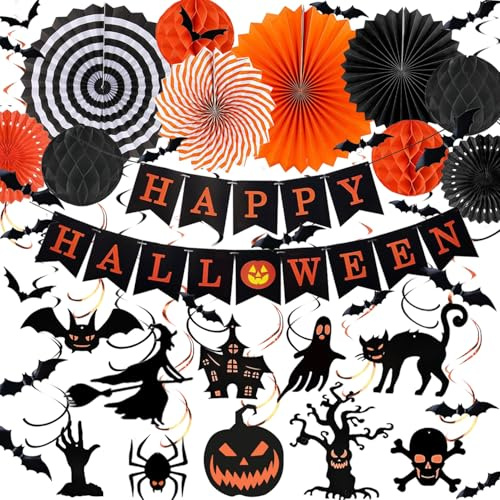 Halloween Decorations Black and Orange Party Decorations with Paper Ball Hanging Swirls Garlands Party Supplies for Halloween Birthday Parties Garlands Haunted House Decorations