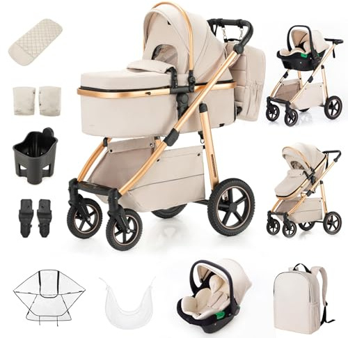 Zkipm Kinderwagen 3 in 1, Baby Stroller mit Sitz, Klappbar Kombi kinder Wagen, Travel Systems mit Höhenverstellbar Schubstange, Upgrade Zubehör mit Handschuhe Schulranzen Becherhalter, für 0-4