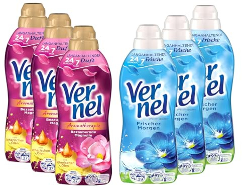 Vernel Weichspüler Bundle – 3x Bezaubernde Magnolie & 3x Frischer Morgen (37/39 WL) – Duft-Technologie & ätherische Öle für 7 Tage Frische