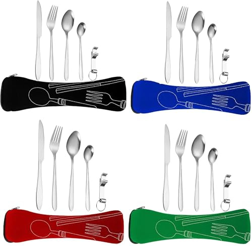 Mnsconkl Couverts de camping pour 4 personnes,ensemble de 24 pièces en acier inoxydable,vaisselle de voyage avec étui,pour l'extérieur,le pique-nique(Vert, Noir, Rouge, Bleu)
